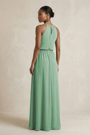 Halter Sheath Ruched Chiffon Bridesmaid Dress in Sea Glass - KissProm Bridesmaid Dresses