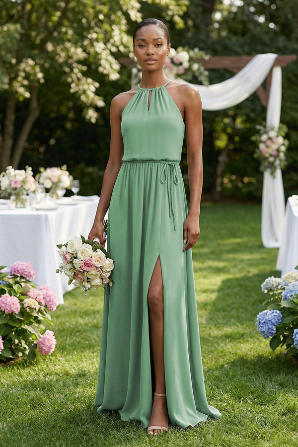 Halter Sheath Ruched Chiffon Bridesmaid Dress in Sea Glass, Sea Glass / 2