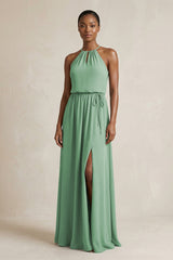 Halter Sheath Ruched Chiffon Bridesmaid Dress in Sea Glass - KissProm Bridesmaid Dresses