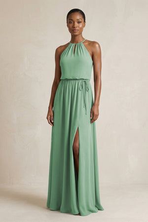 Halter Sheath Ruched Chiffon Bridesmaid Dress in Sea Glass - KissProm Bridesmaid Dresses