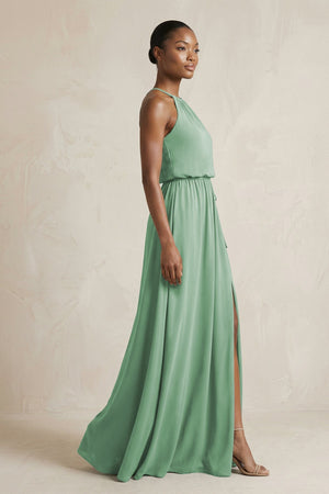 Halter Sheath Ruched Chiffon Bridesmaid Dress in Sea Glass - KissProm Bridesmaid Dresses