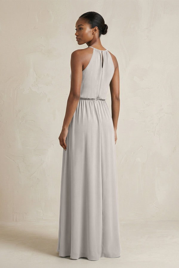 Halter Sheath Ruched Chiffon Bridesmaid Dress in Silver - KissProm Bridesmaid Dresses