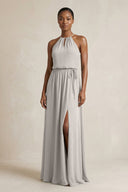 Halter Sheath Ruched Chiffon Bridesmaid Dress in Silver - KissProm Bridesmaid Dresses