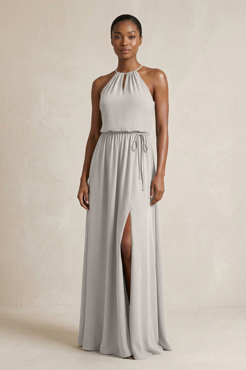 Halter Sheath Ruched Chiffon Bridesmaid Dress in Silver - KissProm Bridesmaid Dresses