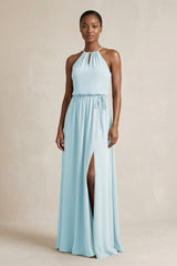 Halter Sheath Ruched Chiffon Bridesmaid Dress in Sky Blue - KissProm Bridesmaid Dresses