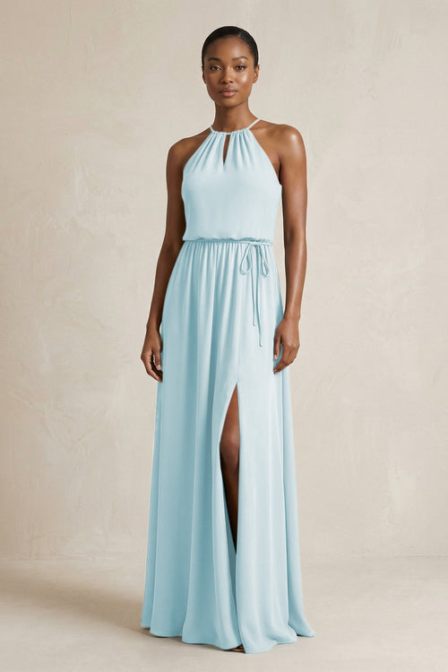 Halter Sheath Ruched Chiffon Bridesmaid Dress in Sky Blue - KissProm Bridesmaid Dresses