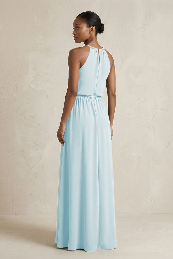 Halter Sheath Ruched Chiffon Bridesmaid Dress in Sky Blue - KissProm Bridesmaid Dresses