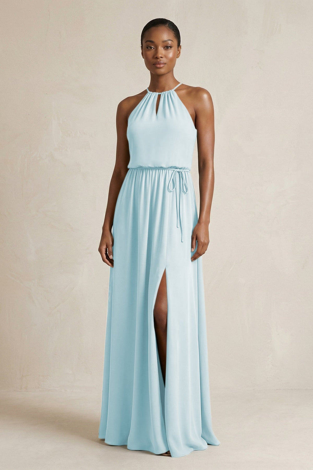 Halter Sheath Ruched Chiffon Bridesmaid Dress in Sky Blue - KissProm Bridesmaid Dresses
