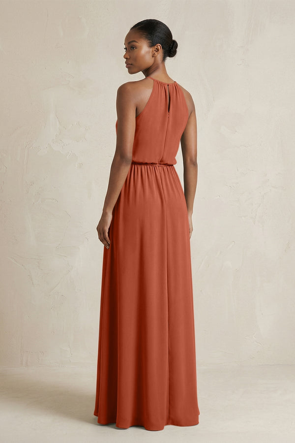 Halter Sheath Ruched Chiffon Bridesmaid Dress in Spice - KissProm Bridesmaid Dresses