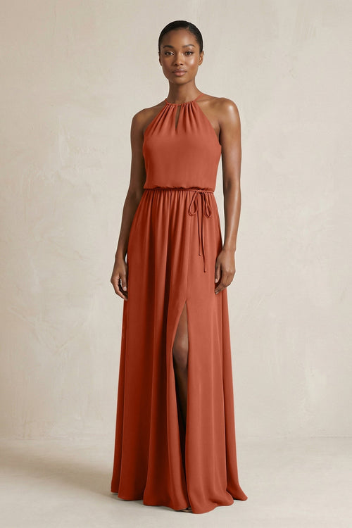 Halter Sheath Ruched Chiffon Bridesmaid Dress in Spice - KissProm Bridesmaid Dresses