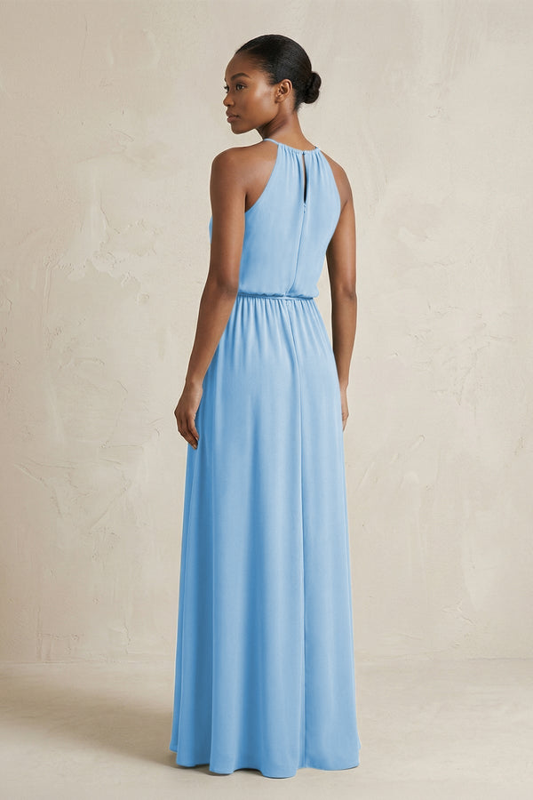 Halter Sheath Ruched Chiffon Bridesmaid Dress in Steel Blue - KissProm Bridesmaid Dresses