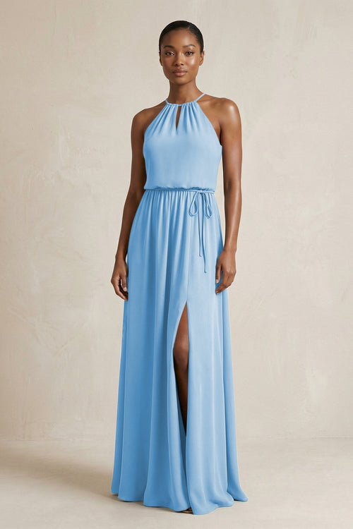 Halter Sheath Ruched Chiffon Bridesmaid Dress in Steel Blue - KissProm Bridesmaid Dresses