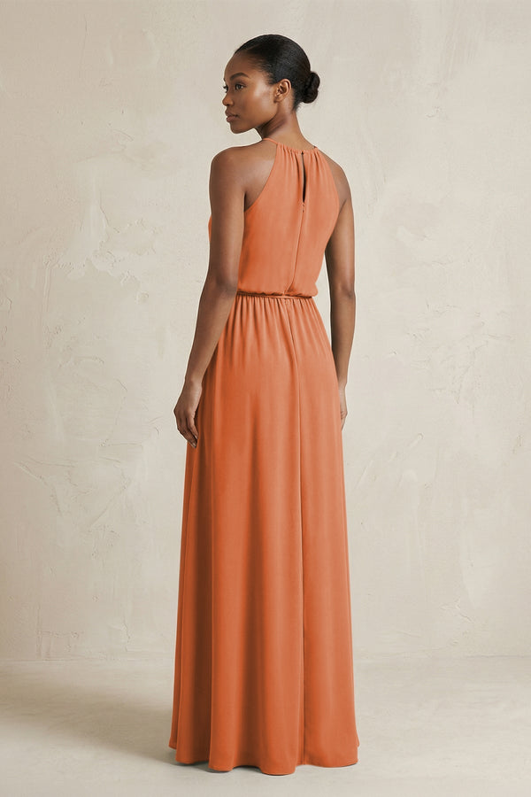 Halter Sheath Ruched Chiffon Bridesmaid Dress in Terracotta - KissProm Bridesmaid Dresses