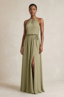 Halter Sheath Ruched Chiffon Bridesmaid Dress in Thyme - KissProm Bridesmaid Dresses