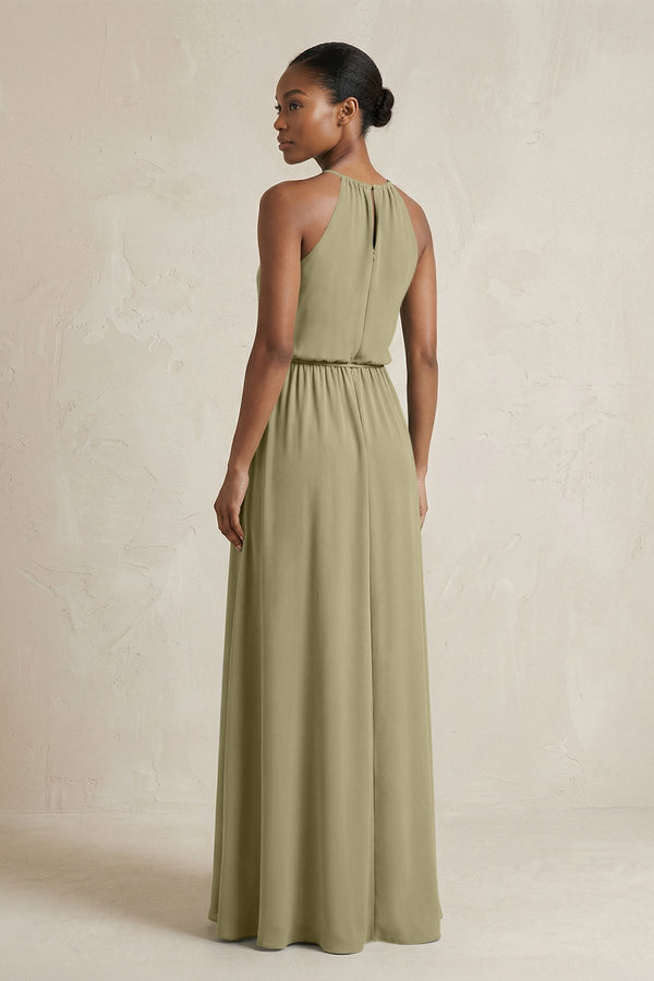 Halter Sheath Ruched Chiffon Bridesmaid Dress in Thyme - KissProm Bridesmaid Dresses