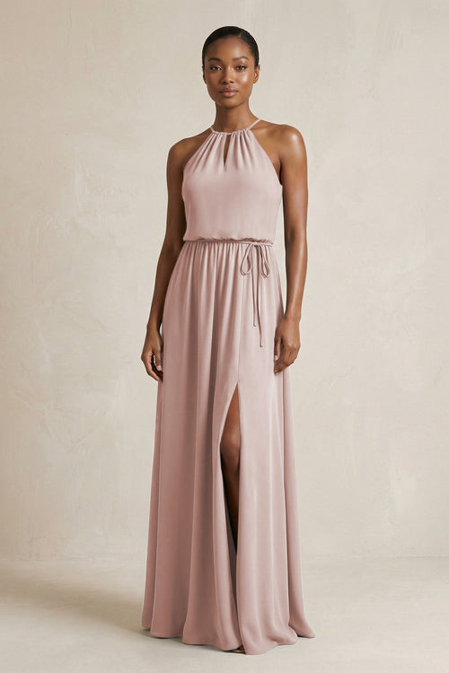 Halter Sheath Ruched Chiffon Bridesmaid Dress in Toffee - KissProm Bridesmaid Dresses