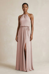 Halter Sheath Ruched Chiffon Bridesmaid Dress in Toffee - KissProm Bridesmaid Dresses