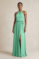 Halter Sheath Ruched Chiffon Bridesmaid Dress in Turquoise - KissProm Bridesmaid Dresses