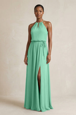 Halter Sheath Ruched Chiffon Bridesmaid Dress in Turquoise - KissProm Bridesmaid Dresses