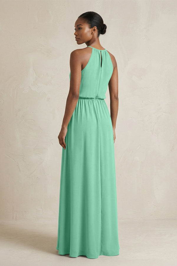 Halter Sheath Ruched Chiffon Bridesmaid Dress in Turquoise - KissProm Bridesmaid Dresses