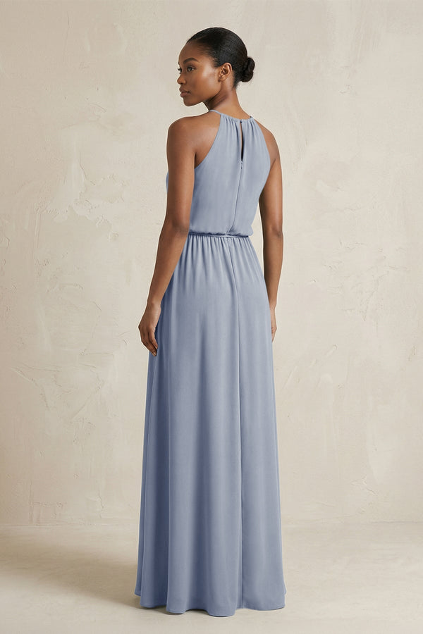 Halter Sheath Ruched Chiffon Bridesmaid Dress in Twilight - KissProm Bridesmaid Dresses