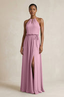 Halter Sheath Ruched Chiffon Bridesmaid Dress in Vintage Mauve - KissProm Bridesmaid Dresses