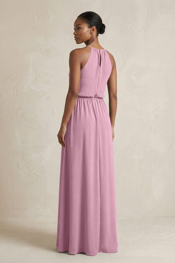 Halter Sheath Ruched Chiffon Bridesmaid Dress in Vintage Mauve - KissProm Bridesmaid Dresses