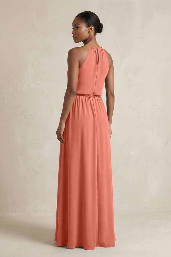 Halter Sheath Ruched Chiffon Bridesmaid Dress in Wild Rose - KissProm Bridesmaid Dresses