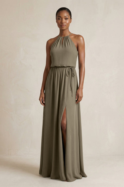 Halter Sheath Ruched Chiffon Bridesmaid Dress in Willow Green - KissProm Bridesmaid Dresses