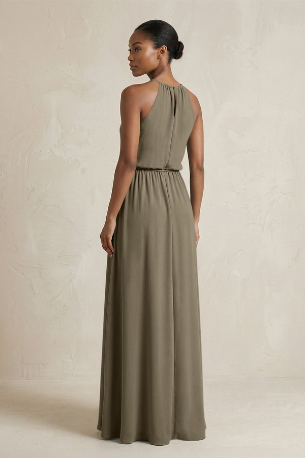 Halter Sheath Ruched Chiffon Bridesmaid Dress in Willow Green - KissProm Bridesmaid Dresses