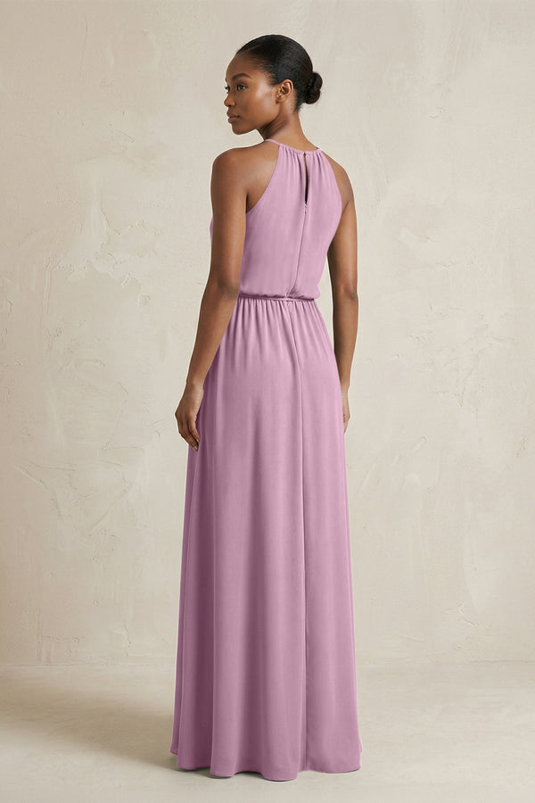 Halter Sheath Ruched Chiffon Bridesmaid Dress in Wisteria - KissProm Bridesmaid Dresses