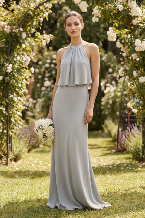 Halter Sheath Ruffled Chiffon Bridesmaid Dress - KissProm Bridesmaid Dresses