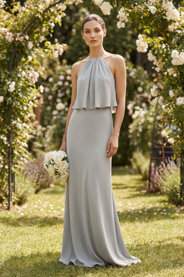 Halter Sheath Ruffled Chiffon Bridesmaid Dress - KissProm Bridesmaid Dresses