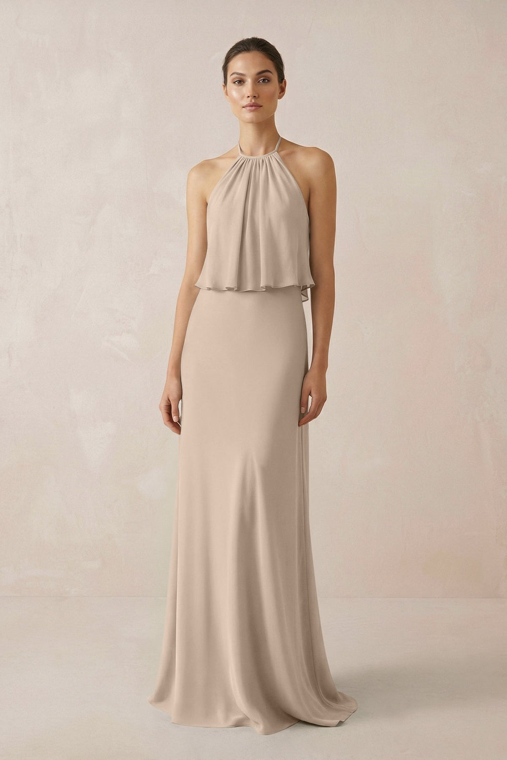 Halter Sheath Ruffled Chiffon Bridesmaid Dress in Almond - KissProm Bridesmaid Dresses
