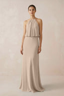 Halter Sheath Ruffled Chiffon Bridesmaid Dress in Almond - KissProm Bridesmaid Dresses