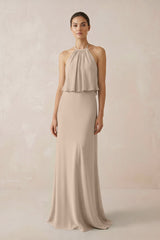 Halter Sheath Ruffled Chiffon Bridesmaid Dress in Almond - KissProm Bridesmaid Dresses
