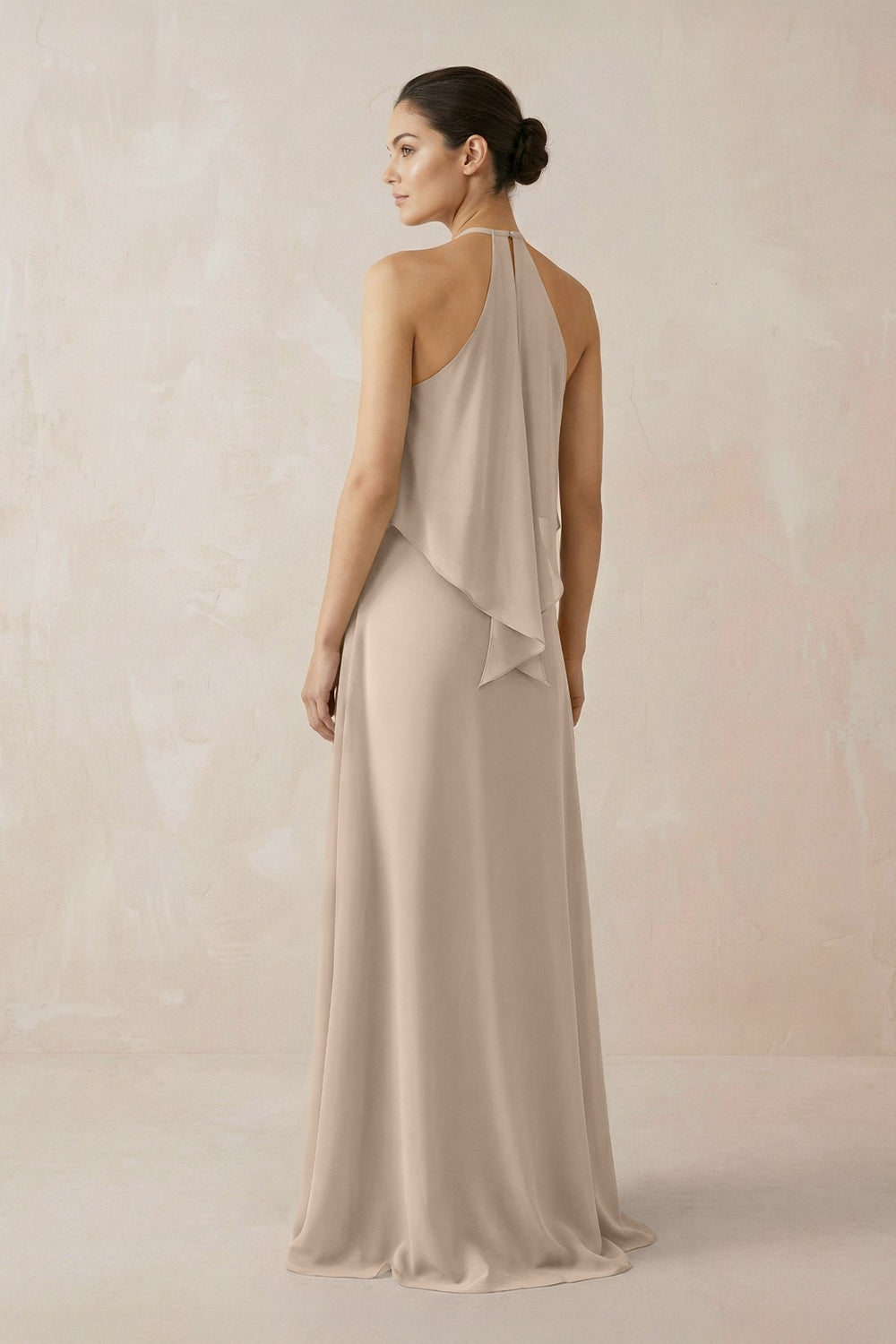 Halter Sheath Ruffled Chiffon Bridesmaid Dress in Almond - KissProm Bridesmaid Dresses