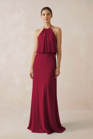 Halter Sheath Ruffled Chiffon Bridesmaid Dress in Berry - KissProm Bridesmaid Dresses