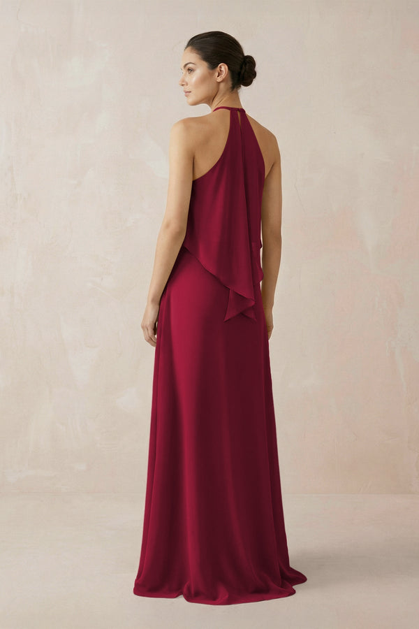 Halter Sheath Ruffled Chiffon Bridesmaid Dress in Berry - KissProm Bridesmaid Dresses