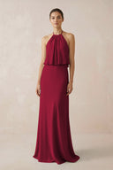 Halter Sheath Ruffled Chiffon Bridesmaid Dress in Berry - KissProm Bridesmaid Dresses