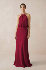 Halter Sheath Ruffled Chiffon Bridesmaid Dress in Berry - KissProm Bridesmaid Dresses