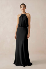 Halter Sheath Ruffled Chiffon Bridesmaid Dress in Black - KissProm Bridesmaid Dresses
