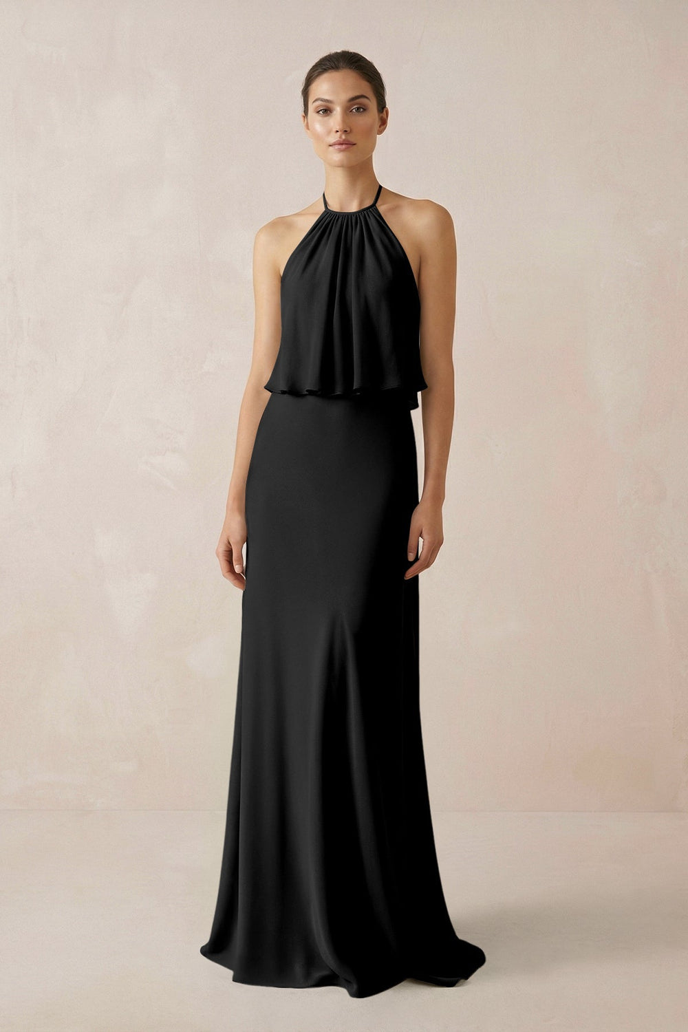 Halter Sheath Ruffled Chiffon Bridesmaid Dress in Black - KissProm Bridesmaid Dresses