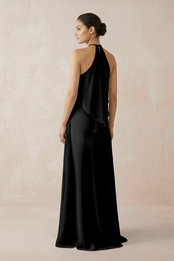 Halter Sheath Ruffled Chiffon Bridesmaid Dress in Black - KissProm Bridesmaid Dresses