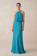 Halter Sheath Ruffled Chiffon Bridesmaid Dress in Blue Jay - KissProm Bridesmaid Dresses