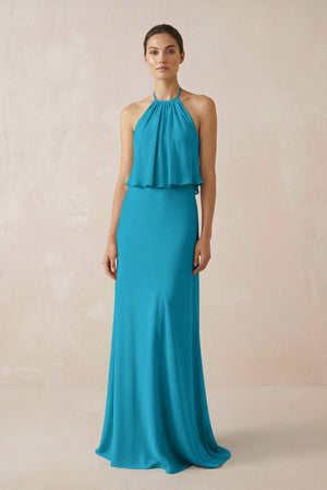 Halter Sheath Ruffled Chiffon Bridesmaid Dress in Blue Jay - KissProm Bridesmaid Dresses