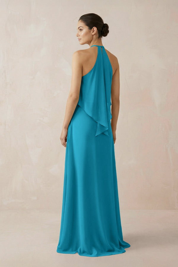 Halter Sheath Ruffled Chiffon Bridesmaid Dress in Blue Jay - KissProm Bridesmaid Dresses
