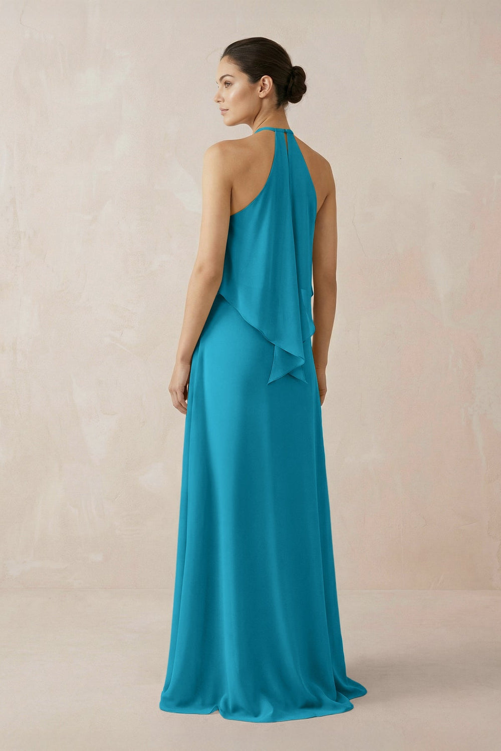 Halter Sheath Ruffled Chiffon Bridesmaid Dress in Blue Jay - KissProm Bridesmaid Dresses