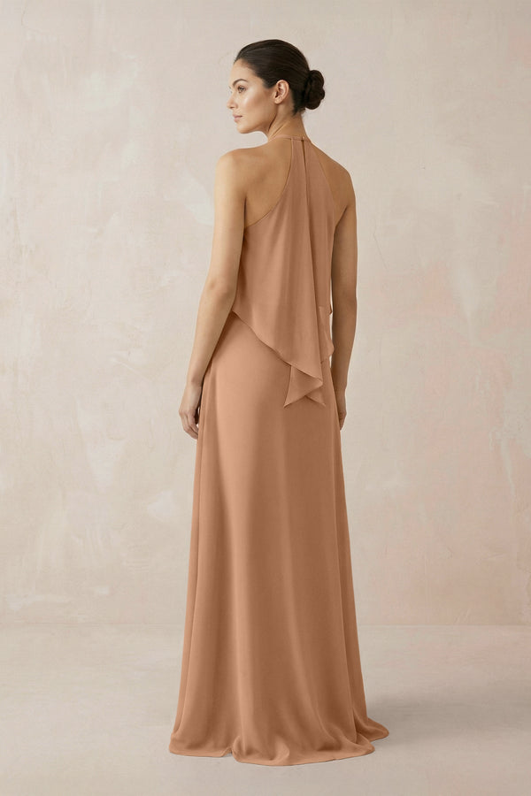 Halter Sheath Ruffled Chiffon Bridesmaid Dress in Bronzer - KissProm Bridesmaid Dresses