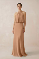 Halter Sheath Ruffled Chiffon Bridesmaid Dress in Bronzer - KissProm Bridesmaid Dresses